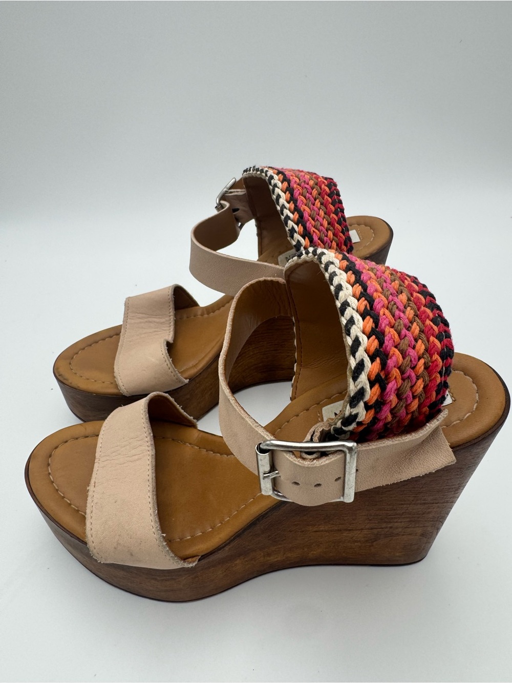 Steve Madden Beige Wedge Sandals with Multicolor Braided Ankle Strap